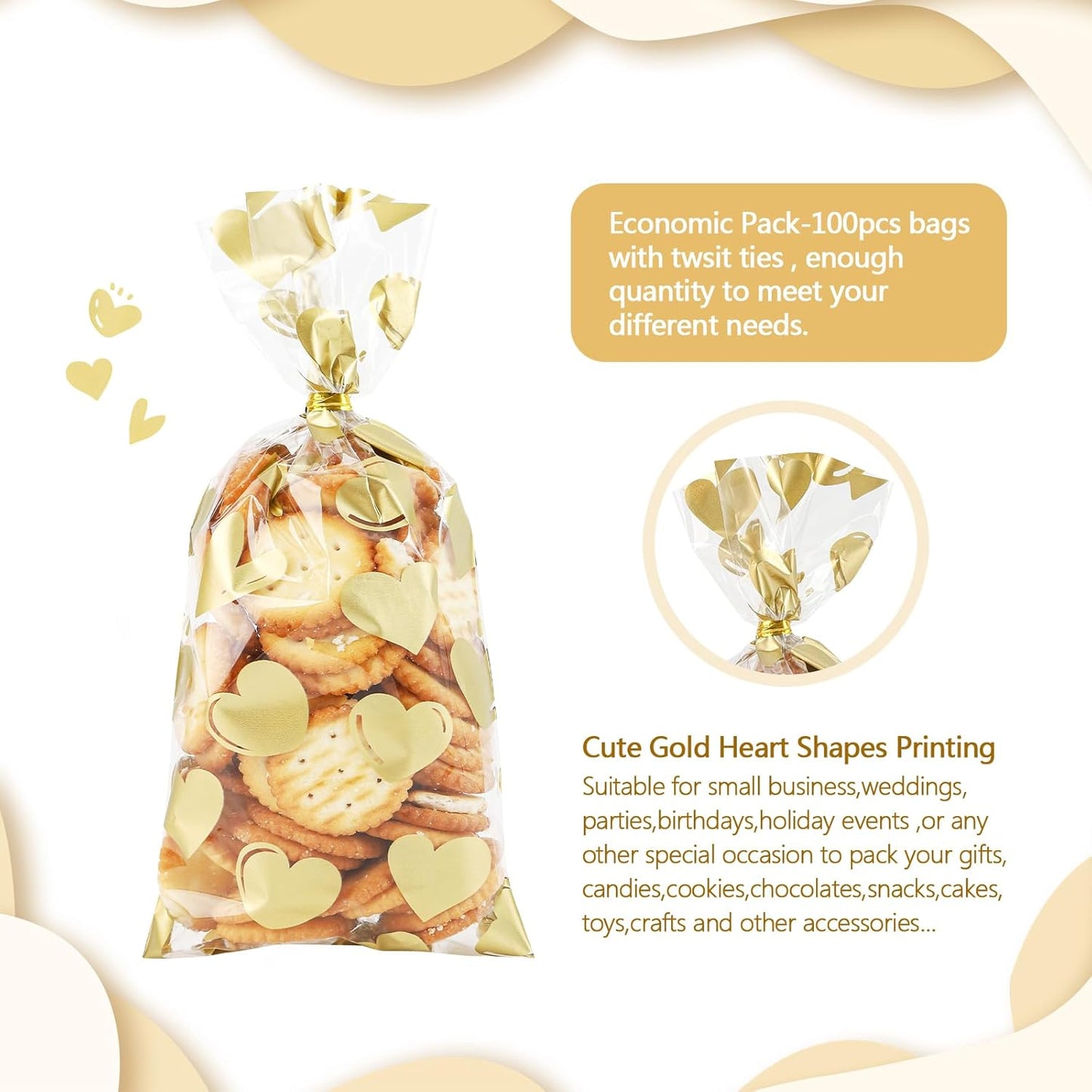 100 Pcs Star Printed 5"X 7" Gift Wrap Cello Cellophane Treat Bags Party Favor bags Clear Candy Cookie Bag Plastic Poly Goodie Storage Bag with Twist Ties for Bakery,Birthday, Wedding ,Party Decorations (Gold)