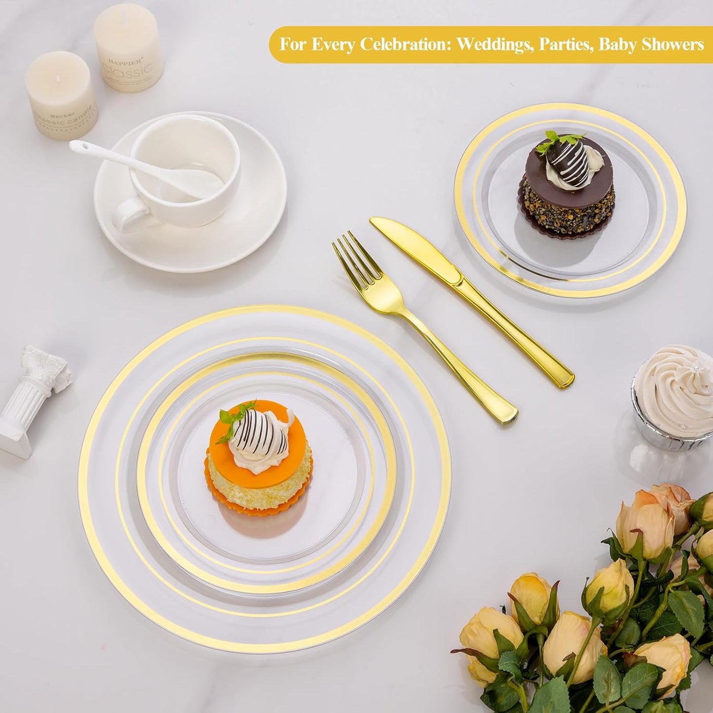 Goodluck 200PCS Gold Plastic Plates, Heavy Duty Disposable Gold Plates with 100 10.25 inch Dinner Plates and 100 7.5 inch Dessert Plates for Party, Holiday, Wedding, Thanksgiving