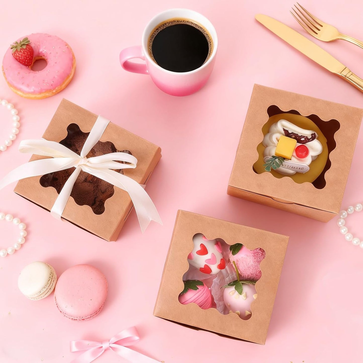 Moretoes 120pcs White Bakery Boxes, 4x4x2.5 Inch Cookie Boxes with Window for Small Cake, Treats, Donuts, Candy