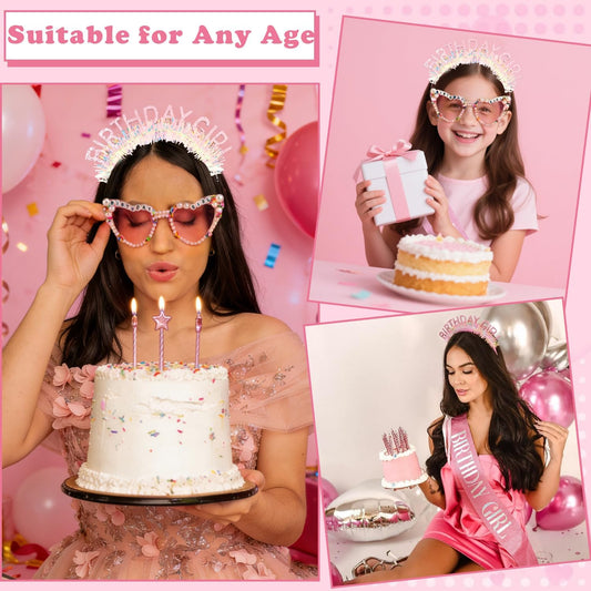 Atoden Birthday Girl Sash Glitter Headband Tiara Crown Sunglasses Pink Happy Birthday Decorations Party Favors Accessories for Adult Women Princess Outfits Gifts
