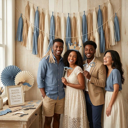 15PCS Dusty Blue Tan and Cream Tissue Paper Tassel Garland Fringe Streamers for Neutral Boho Boy Baby Shower Bunting Coastal Bachelorette Wedding First Birthday Nursery Wall Hanging Party Decor