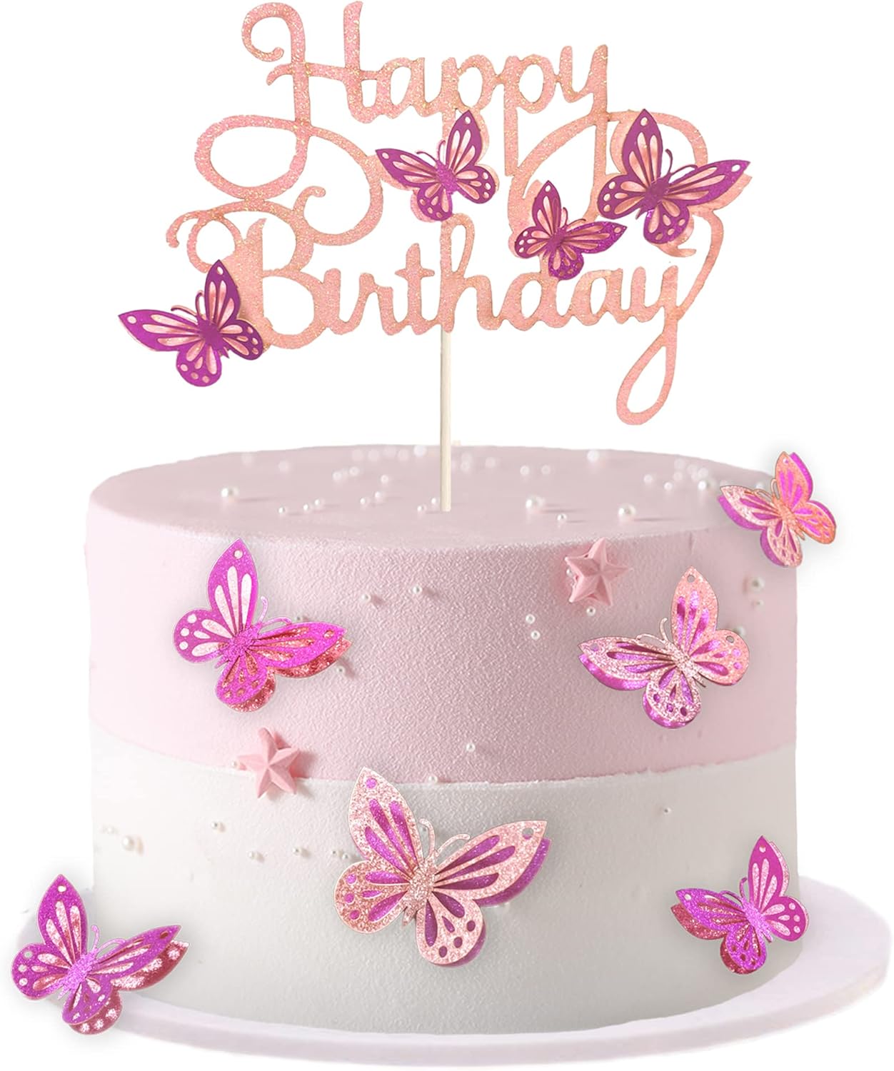 13-Pieces 3D Butterfly Cupcake Topper for Girls Women's Happy Birthday Cake Decorations Party Decorations(Pink)
