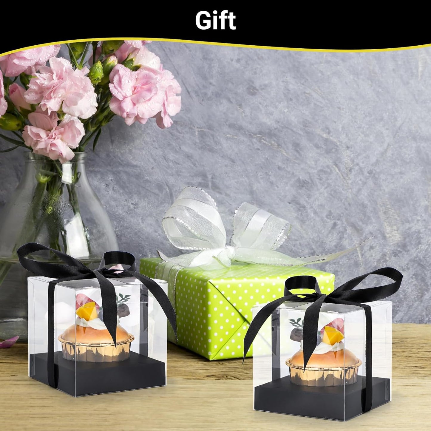EUSOAR Individual Cupcake Holder, 50pcs 3.5 Inch Plastic Black Cupcake Containers with Lids, Single Transparent Display Clear Cupcake Carrier with Ribbon and Inserts for Wedding Party Favor