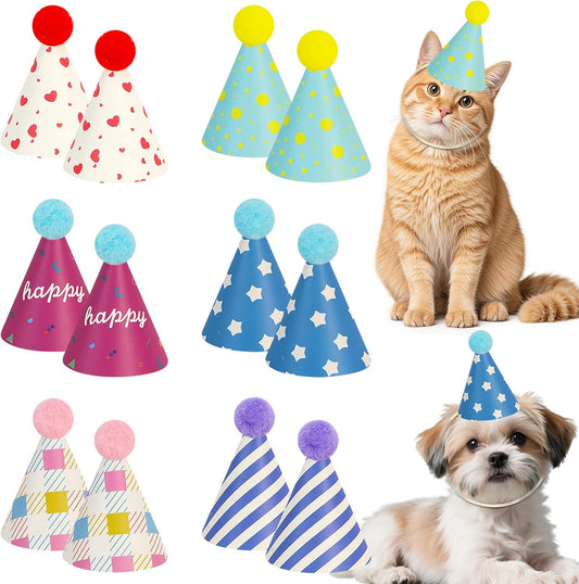 12 Pack Mini Party Hats for Stuffed Animals, Mini Hats with Pom Poms Dog Birthday Party Hats for Dolls Dog Cat Pet Birthday Decoration