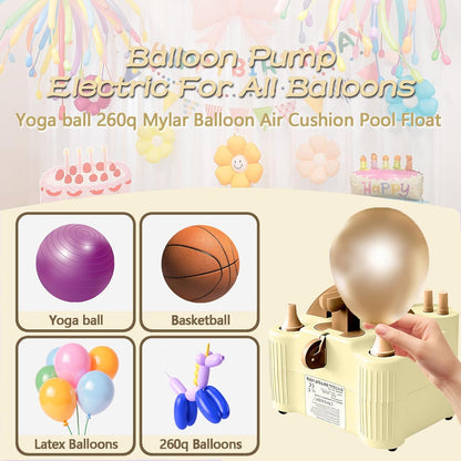4-in-1 Electric Balloon Pump for All Balloons, Inflatables, and Sports Balls, Portable High Power Triple Inflating Ports for Latex Foil 260q Mylar Balloon