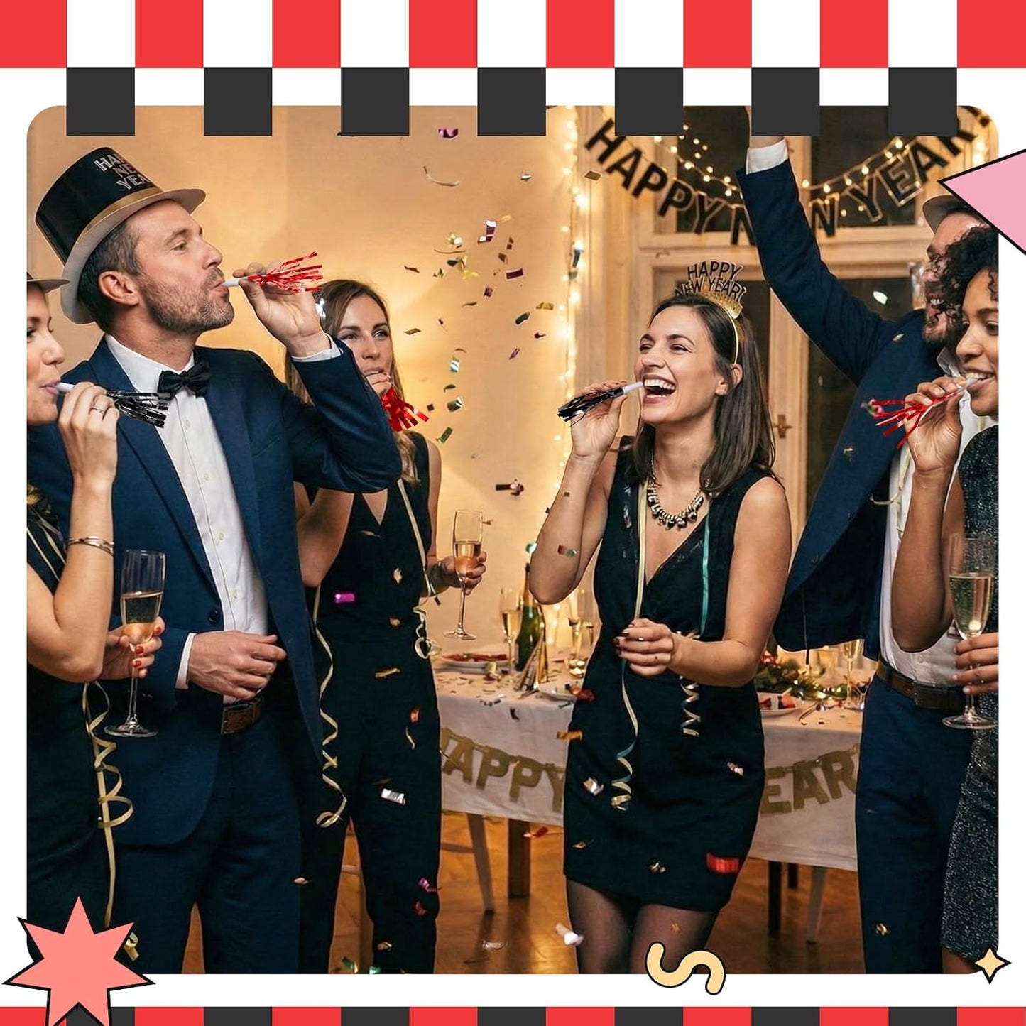 Sumind 24 Pcs Gold Noise Makers Metallic Fringed Party Blowers Horns Whistles Noisemakers Party Favors for Adults Birthday Graduation Sporting Events Celebration Surprise Supplies