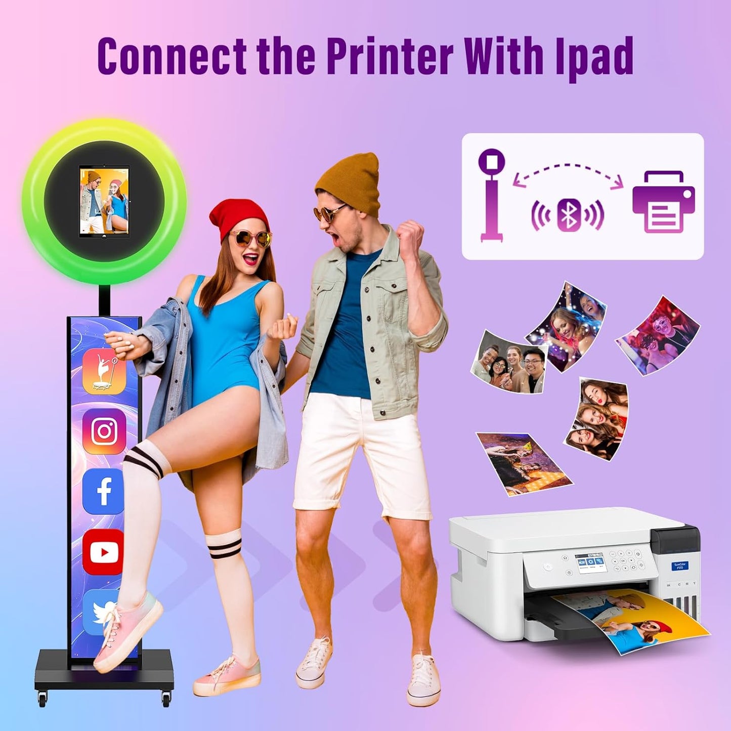 JIYANG Portable Photo Booth Compatible with Any Ipad,Photo Booth Stand Shell with ChackTok PhotoBooth VIP Member and Flight Case,Free Custom Logo,Perfect for Parties,Wedding and Events(White)