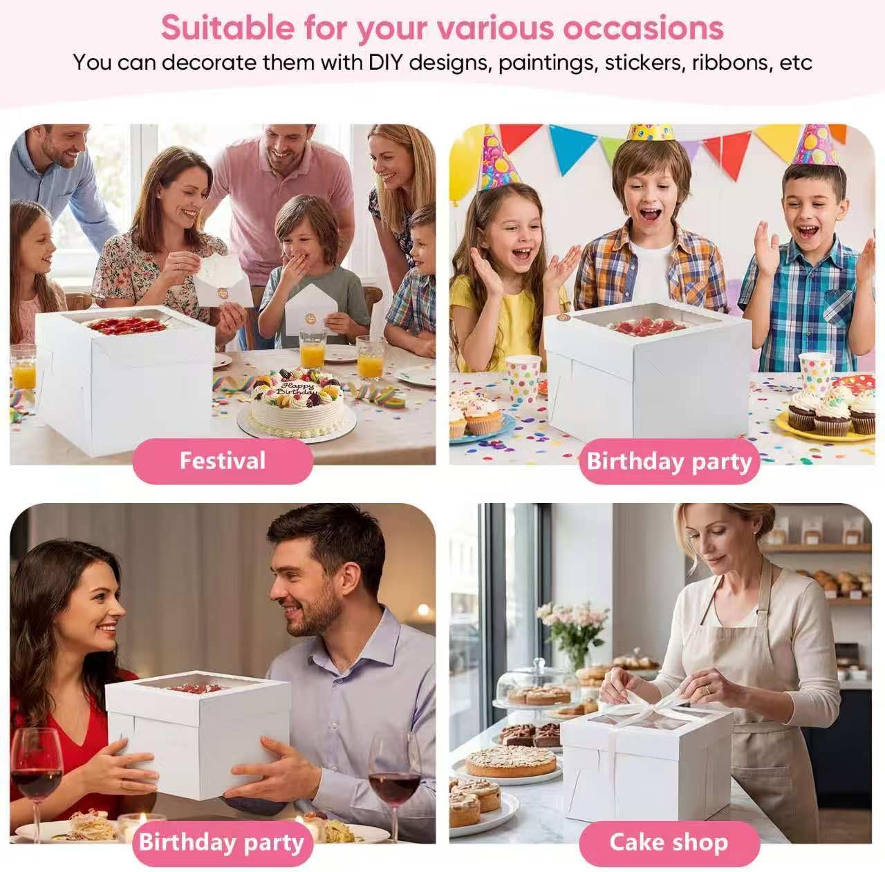 2 Pack 12 x 12 x 8 in Cake Boxes with Window & Cake Boards — Disposable Cake Carrier Boxes with Lid, Includes Stickers, Envelopes, Greeting Cards & Ribbon — Bakery Boxes for Cakes & Cupcakes