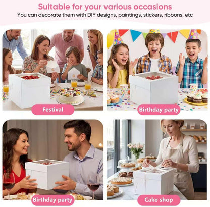 2 Pack 12 x 12 x 8 in Cake Boxes with Window & Cake Boards — Disposable Cake Carrier Boxes with Lid, Includes Stickers, Envelopes, Greeting Cards & Ribbon — Bakery Boxes for Cakes & Cupcakes