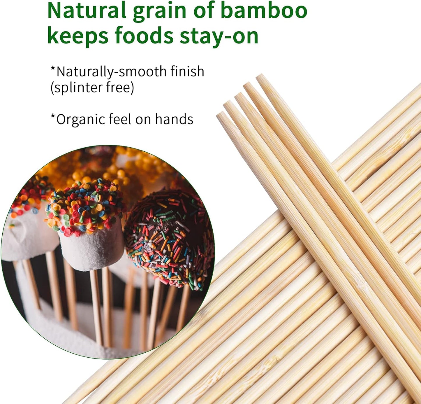 Natural Bamboo Skewers 6 Inch, Kids Friendly/True Semi Pointed, For Fruit Kabobs Kebab Swizzle Appetizer Chocolate Fountain Fondue BBQ, Wooden Sticks For Cake Pop, Lollipop, Size Choices 4.3”,8”,10”