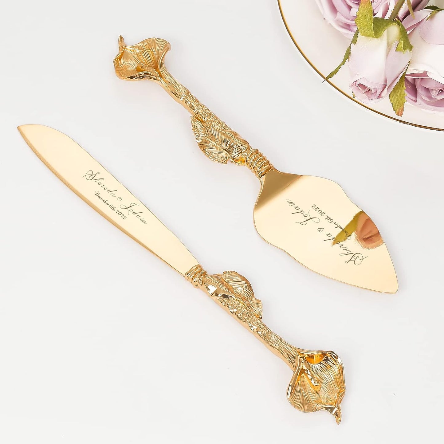 Cake Cutting Set for Wedding, Personalized Gold Cake Knife and Server Set, Custom Cake Serving Set, Engraved Pastry Pie Server Cake Pizza Cutter, Birthday Bridal Gift (F-Classic)