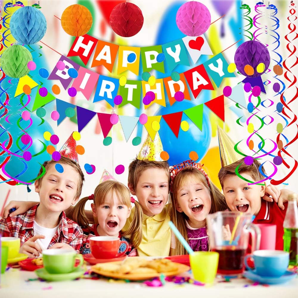 Fecedy Happy Birthday Banner With Colorful Paper Flag Bunting Paper Circle Confetti Garland Swirl Streamers Honeycomb ball for Birthday Party Decorations