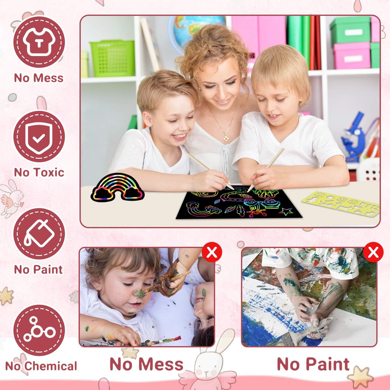 RMJOY Rainbow Scratch Paper Art for Kids: 50PCS Magic Arts Crafts Gifts Toys for Girls Boys Ages 3-12 Games Activities for Birthday Party Family Day Classroom Prizes Easter Basket Stuffers(Boys)