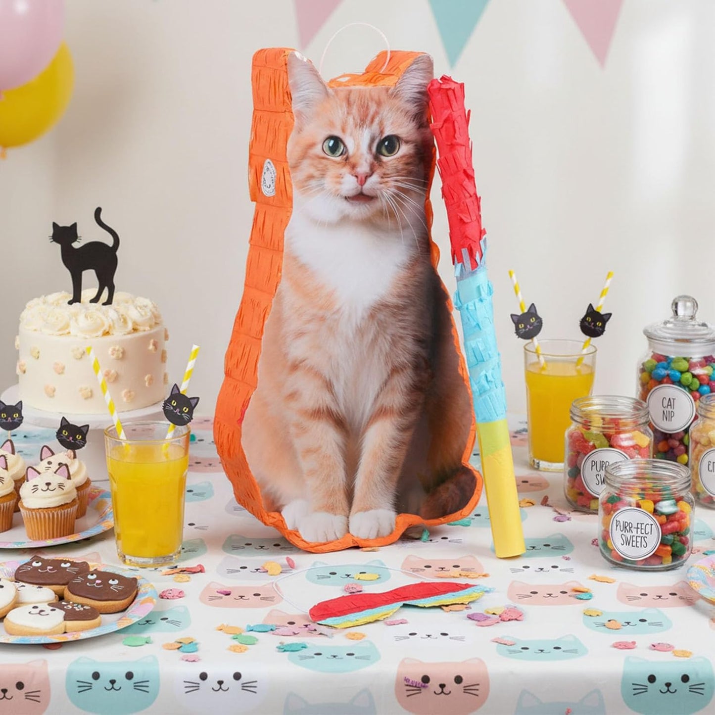 Sotiff Cat Piñata, Cat Party Piñata Game Set, Kitten Theme Piñata Pet Birthday Decoration with Bat Stick Blindfold Mask for Kitten Theme Pet Birthday Party Piñata Decoration Supplies(Orange)