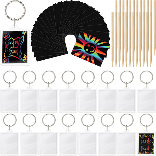 Blueweenly 24 Pack End of Year Gifts Magic Scratch Paper Keychains Making Kit, Scratch Paper DIY Keychains Craft for School Party Favor