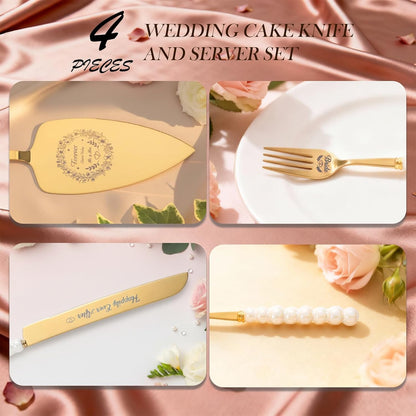 4 Piece Wedding Cake Cutting Set, Knife and Server with Forks, Elegant Wedding Cake Knife and Server Set for Bride and Groom(Gold)