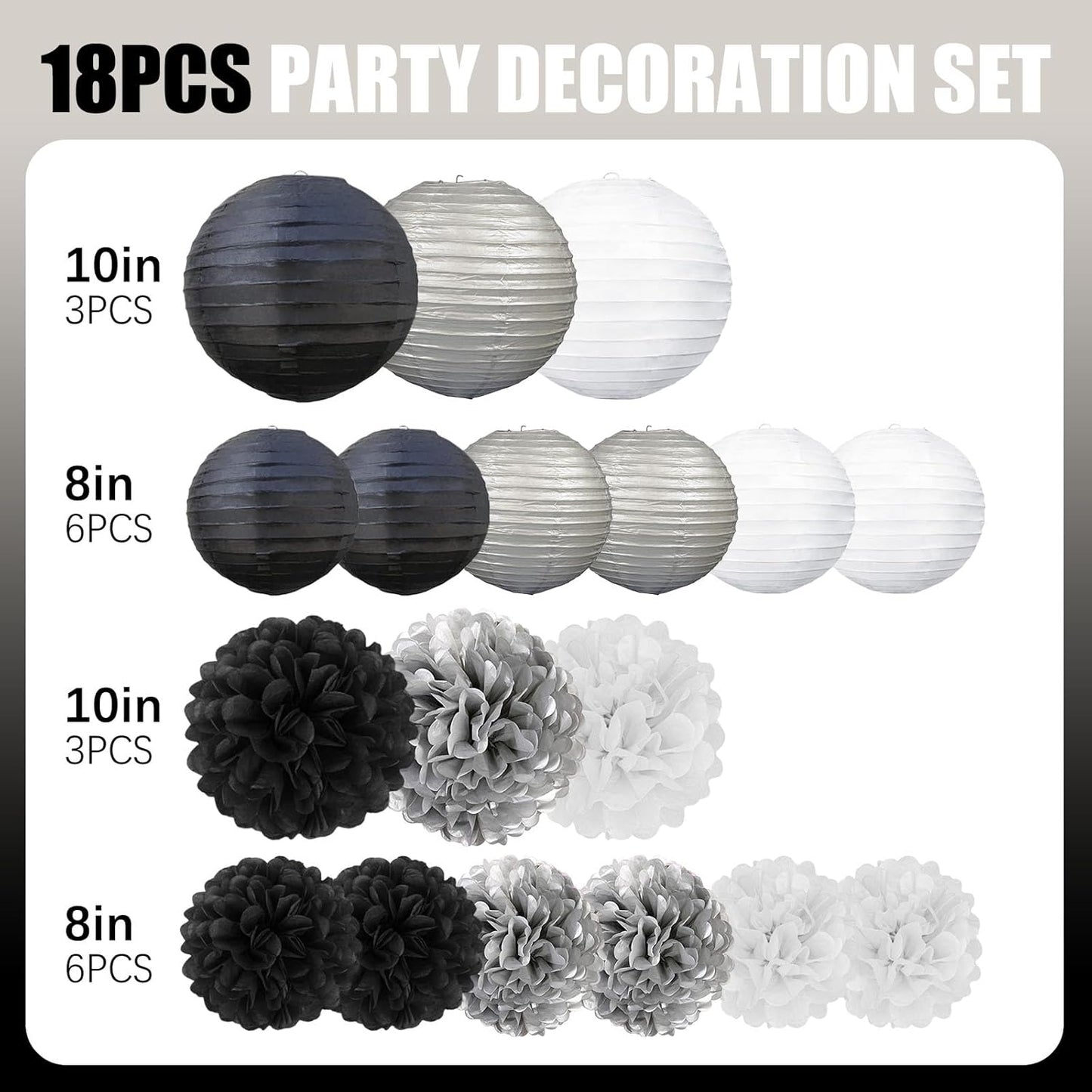 18 PCS Tissue Paper Pom Poms, Tissue Pom Poms Flowers, Sizes of 6", 10", 12", 14" Hanging Paper Flower Ball for Wedding, Birthday, Halloween, Christmas, Baby Shower Party Decor (Red Black Gold)