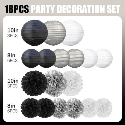 18 PCS Tissue Paper Pom Poms, Tissue Pom Poms Flowers, Sizes of 6", 10", 12", 14" Hanging Paper Flower Ball for Wedding, Birthday, Halloween, Christmas, Baby Shower Party Decor (Red Black Gold)