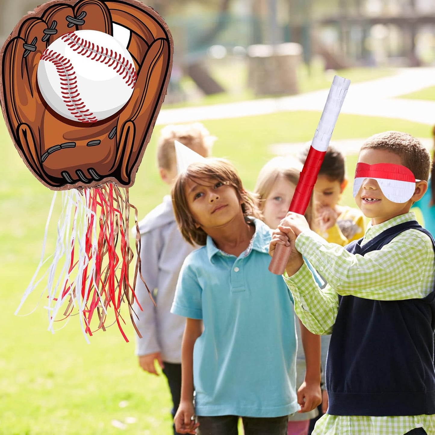 Baseball Piñata with Blindfold Bat for Birthday Party Softball Paper Piñata Sports Balls Confetti Baseball Party Supplies for Birthday Party Decorations 13.19 x 13.19 x 3 Inch(Cool)