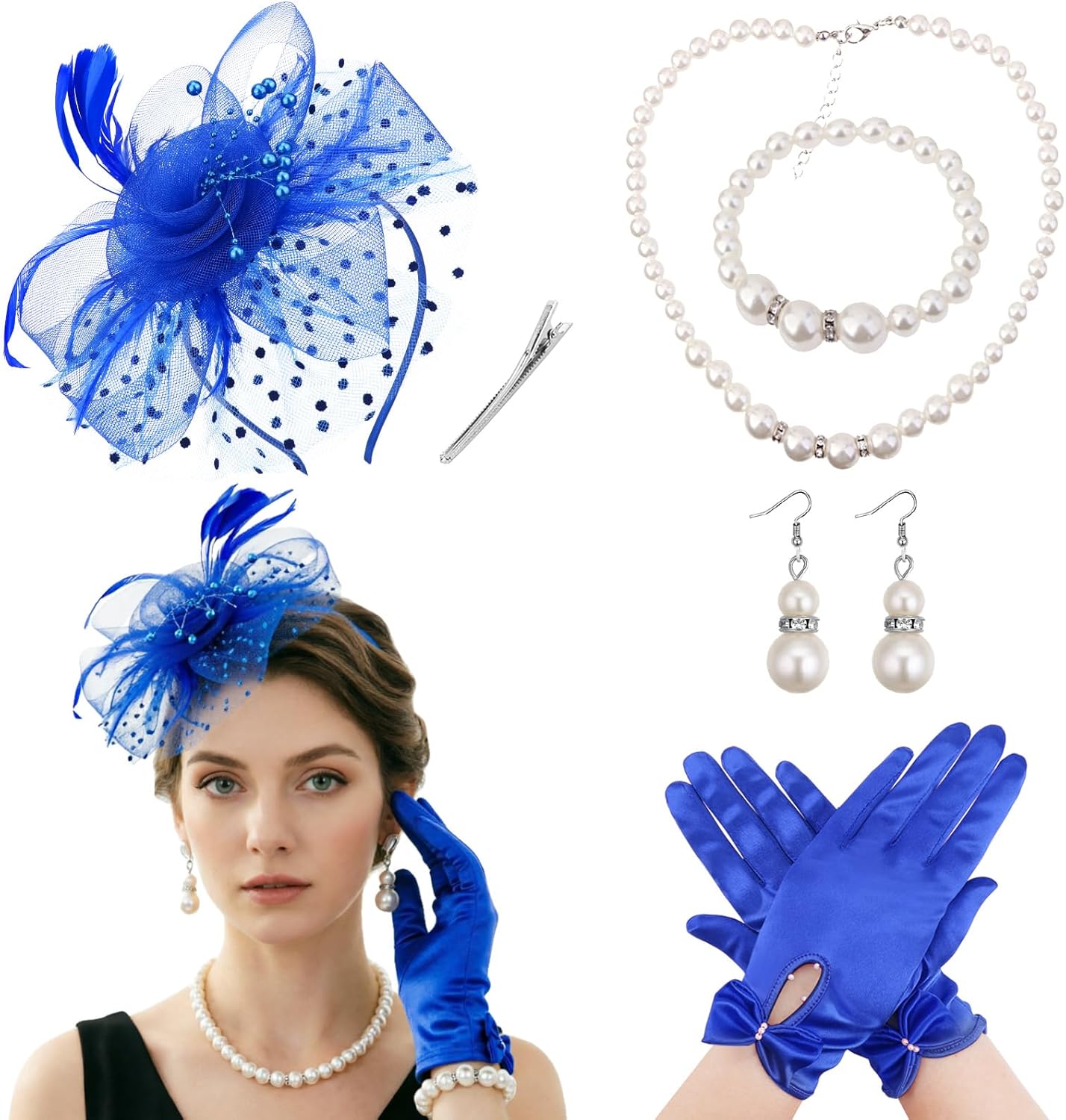 DRESHOW Fascinators Hat Flower Mesh Ribbons Feathers on a Headband and a Clip Tea Party Headwear for Girls and Women - Colors A