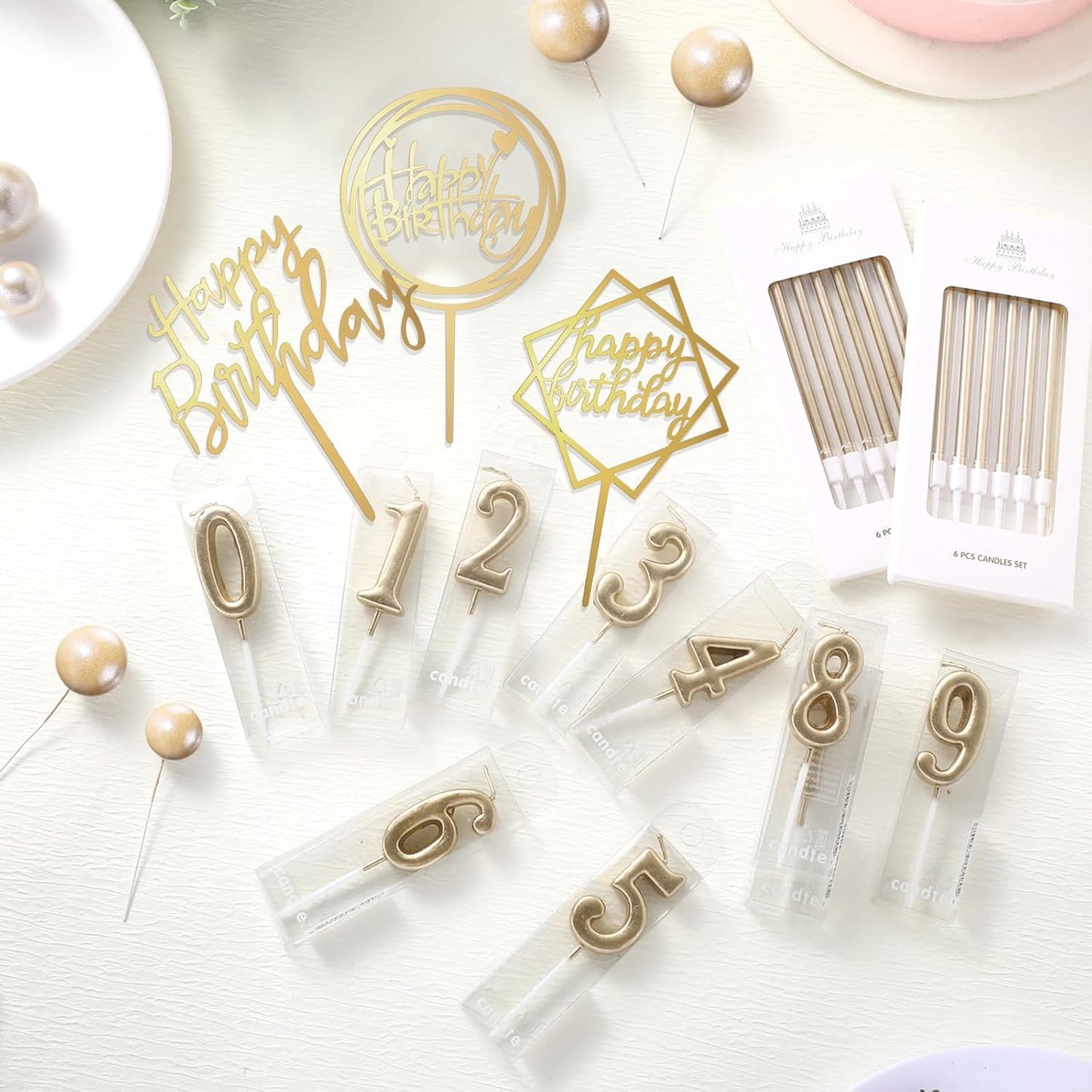 Yerliker 34 Pcs Happy Birthday Cake Toppers Decorations Birthday Candles DIY Cake Decor for Men Women Wedding Anniversary(Gold)