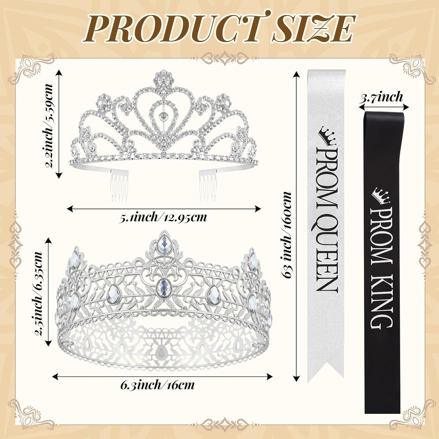 Lyrow 4 Pcs Prom King and Queen Crown Set, Prom King Crown with Sash for Graduation, Queen Tiara with Sash for Grad Couple Accessories Homecoming Birthday Party(Cute,Black,White)