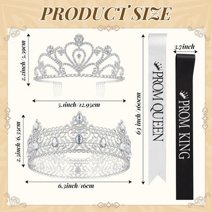 Lyrow 4 Pcs Prom King and Queen Crown Set, Prom King Crown with Sash for Graduation, Queen Tiara with Sash for Grad Couple Accessories Homecoming Birthday Party(Cute,Black,White)