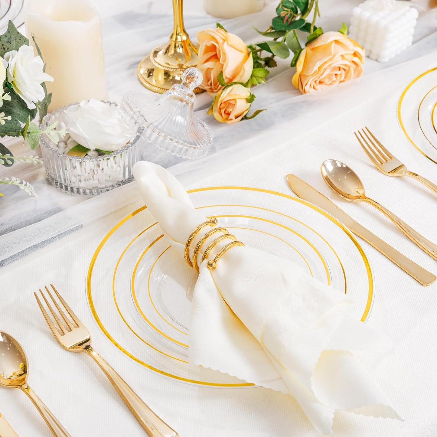 I00000 102 Pieces Gold Plastic Plates, Disposable Party Plates White Gold Rim, 51 Disposable Gold Dinner Plates 10.25 Inch and 51 Disposable Dessert Appetizer Elegant Fancy Wedding Plates 7.5 Inch