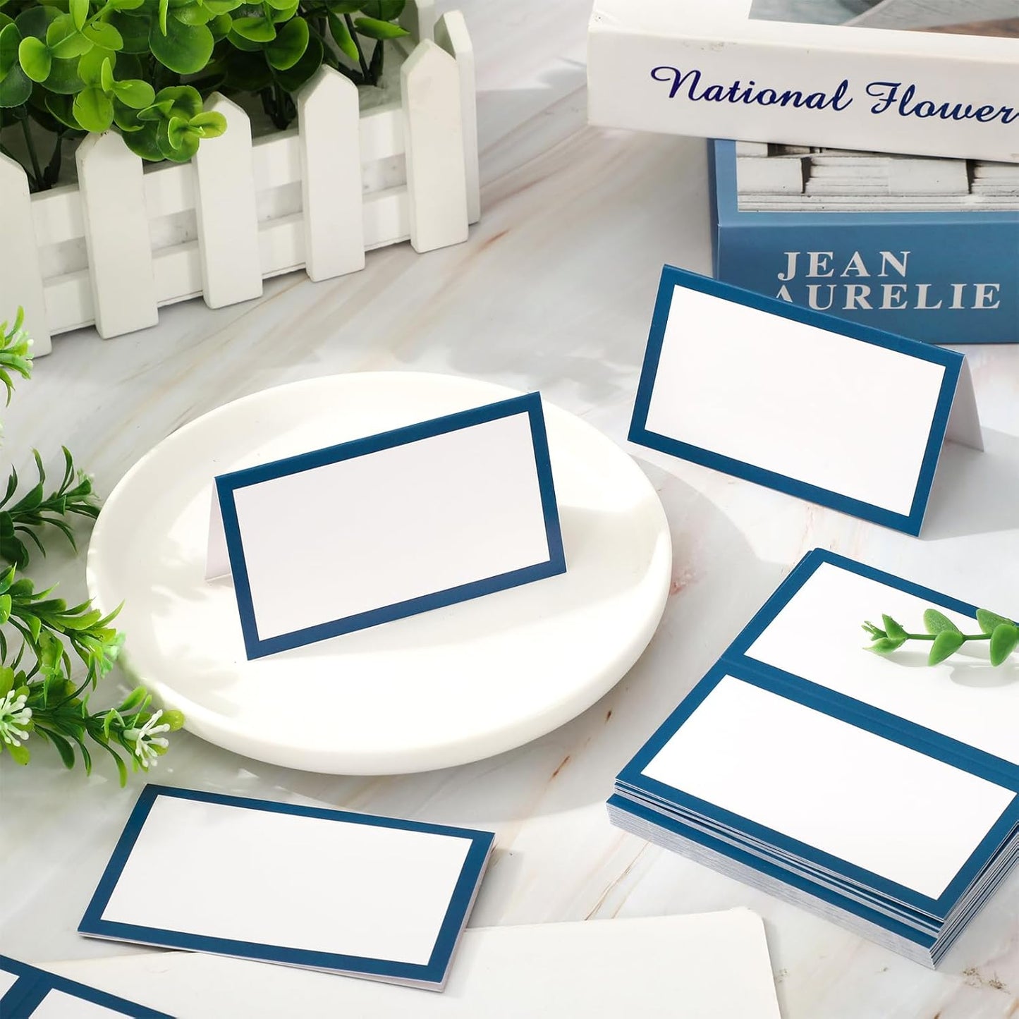 Whaline 100Pcs Navy Blue Place Cards 3.5 x 2 Inch White Blank Tented Cards Wedding Seating Cards for Party Table Setting Supplies