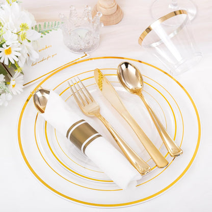 WELLIFE 350-Piece Gold Disposable Plates and Cutlery Set - Premium 10.25" Dinner Plates, 7.5" Dessert Plates, 9oz Cups & Cutlery for Weddings, Catering Events - 50 Guest Service - Elegant & Sturdy