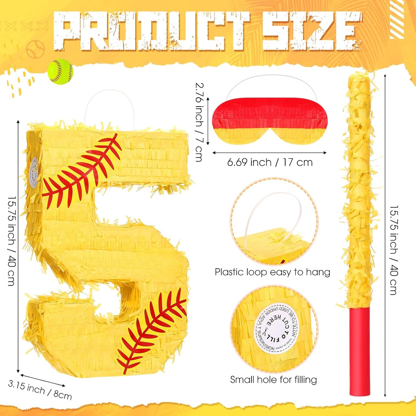 Soulchen Softball Number Piñata Set 16 Inch Yellow Softball Piñata with Blindfold Bat Confetti for Ball Sports Themed Birthday School Party Supplies Outdoor Game Decoration(Number 5)