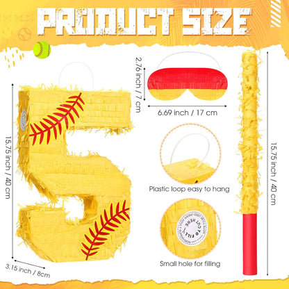 Soulchen Softball Number Piñata Set 16 Inch Yellow Softball Piñata with Blindfold Bat Confetti for Ball Sports Themed Birthday School Party Supplies Outdoor Game Decoration(Number 5)