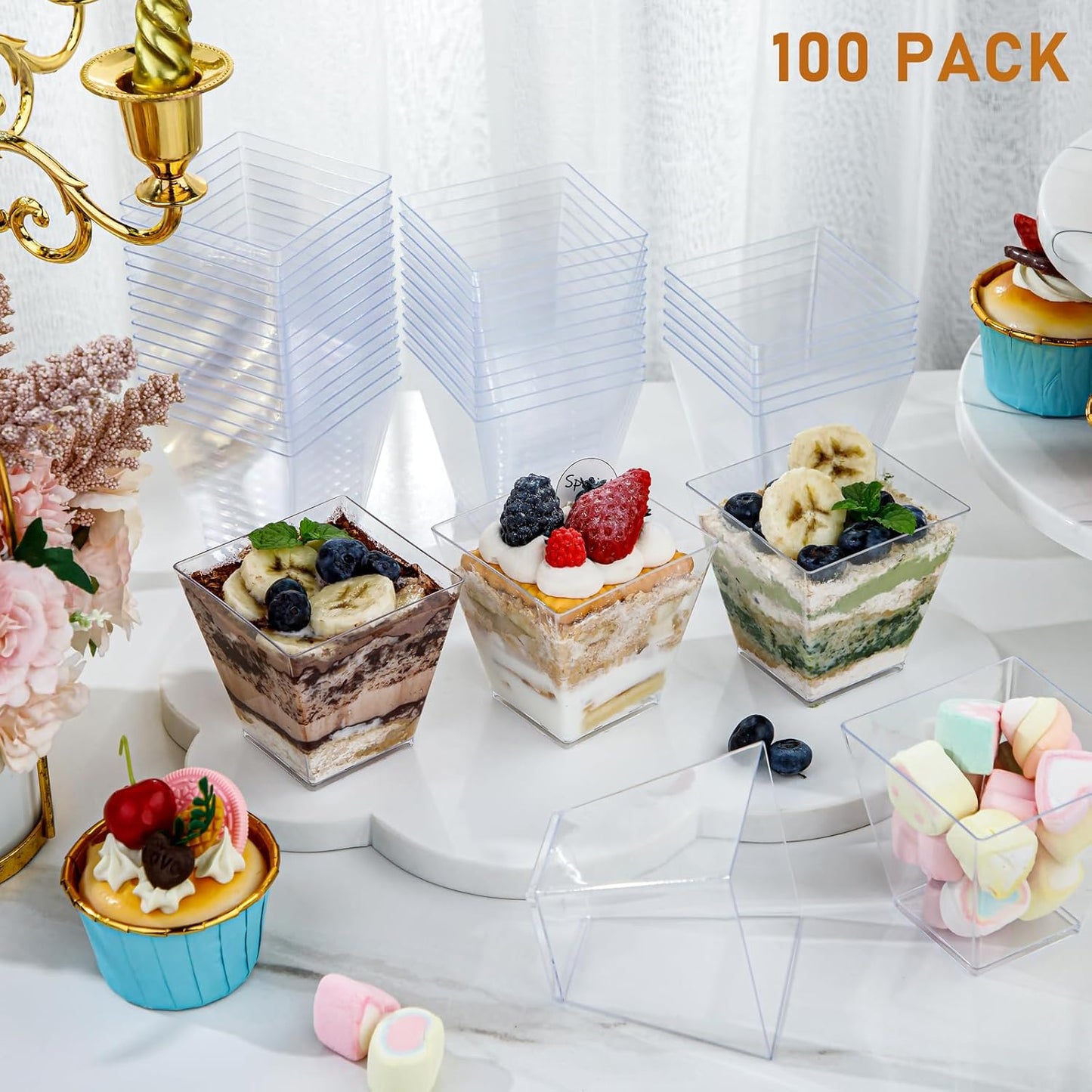 supernal 100pcs Square Plastic Dessert Cups (4oz) with 100pcs Mini Gold Spoons, Plastic Parfait Appetizer Cup, Medium Clear Dessert Cups Perfect for Cakes, Ice Cream, Desserts Appetizers