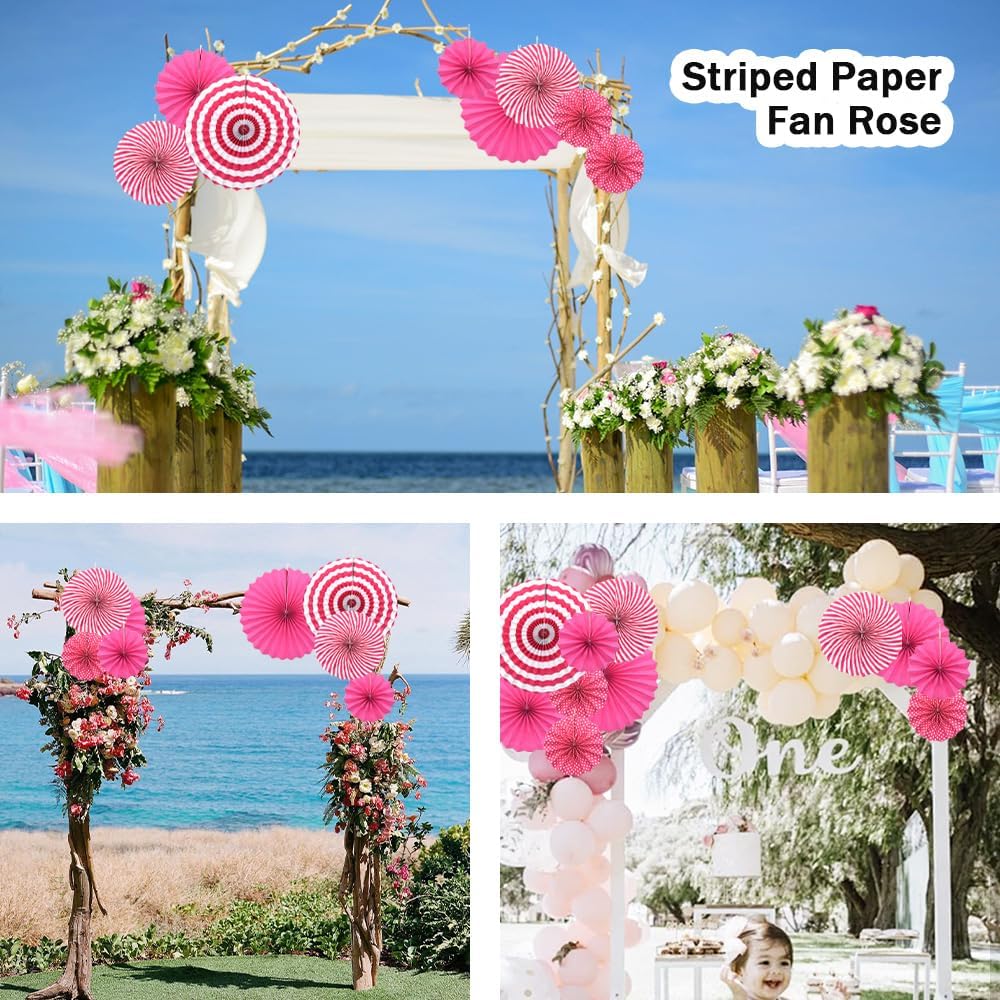 Hocansen 6PCS Paper Fan Garland Paper Fans Party Decorations 8/12/16in Hanging Papers Fans Set Round Papers Fans Pattern Garland for Birthday, Wedding (ZS/Pink)