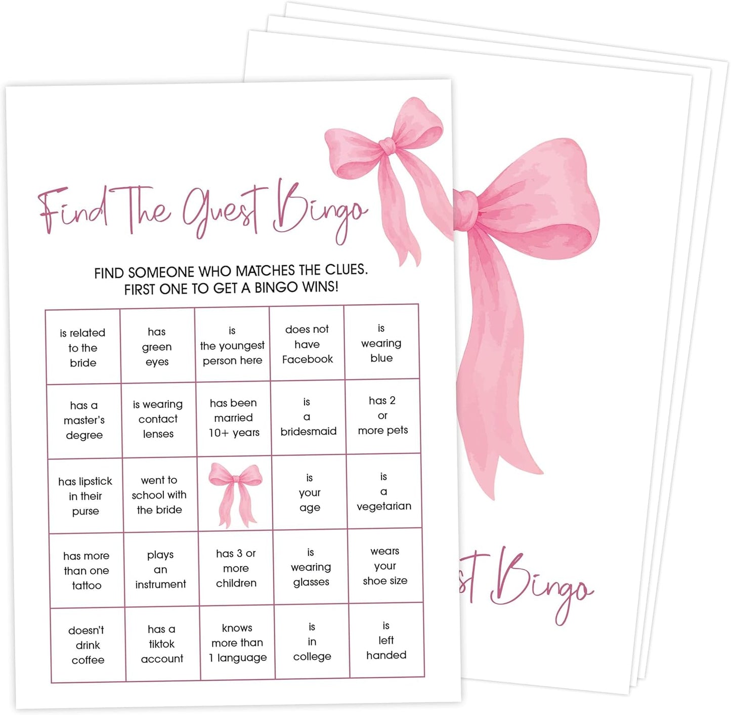 Pink Bow Bridal Shower Bingo Game with Blank Squares, Pack of 30 Game Cards, Bridal Shower Decorations, Wedding Engagement Decor, Bachelorette Party Supplies - KR05