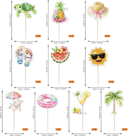 28 PCS Tropical Cupcake Toppers Glitter Leaf Pineapple Flower Palm Tree Flamingo Cupcake Picks Aloha Cake Decorations for Summer Hawaiian Luau Theme Baby Shower Birthday Wedding Party Supplies