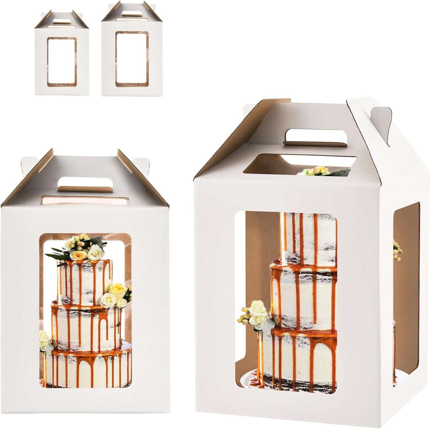 3 Pack 12in Tall Cake Boxes for Tier Cakes, 12x12x14 Inch Tiered Cake Box,Tall Cake Carrier with Window, 10in 12in Large Tierd Bakery Take Out Transport Containers with Handle