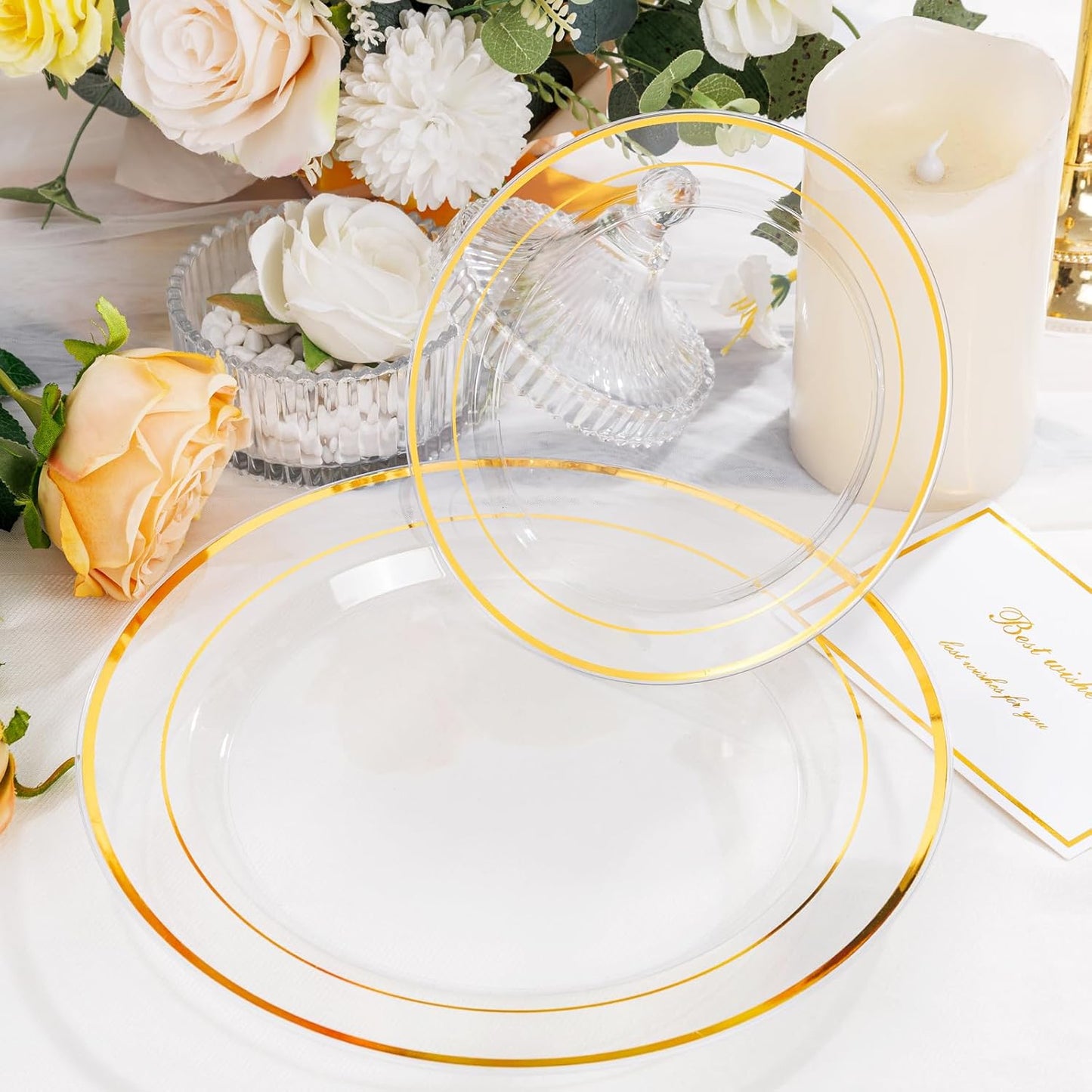 I00000 102 Pieces Gold Plastic Plates, Disposable Party Plates White Gold Rim, 51 Disposable Gold Dinner Plates 10.25 Inch and 51 Disposable Dessert Appetizer Elegant Fancy Wedding Plates 7.5 Inch