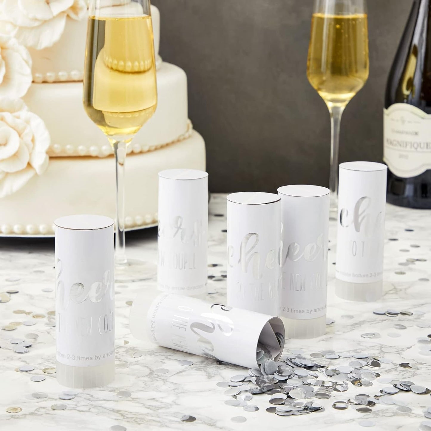 Sparkle and Bash Wedding Confetti Wands - 1.5 x 4.2 In, 20 Pack, Silver & White - Metallic Foil Dispenser for Send Off, Bridal Shower, Reception & Engagement Party