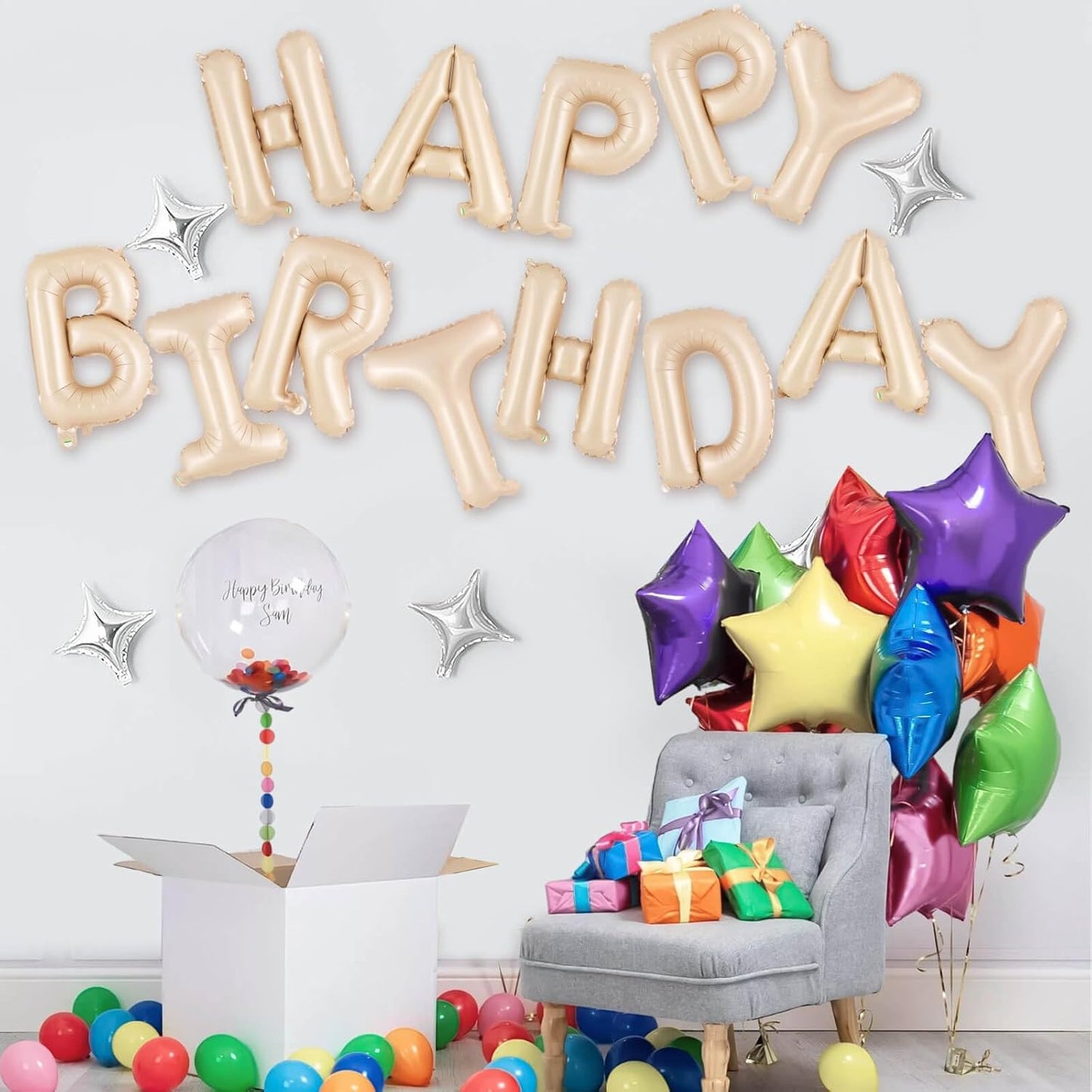 Happy Birthday Balloons Banner, Foil Balloon Personalized Name Letters Balloons Sign Birthday Party Decorations for Women Men Boys Girls Cream