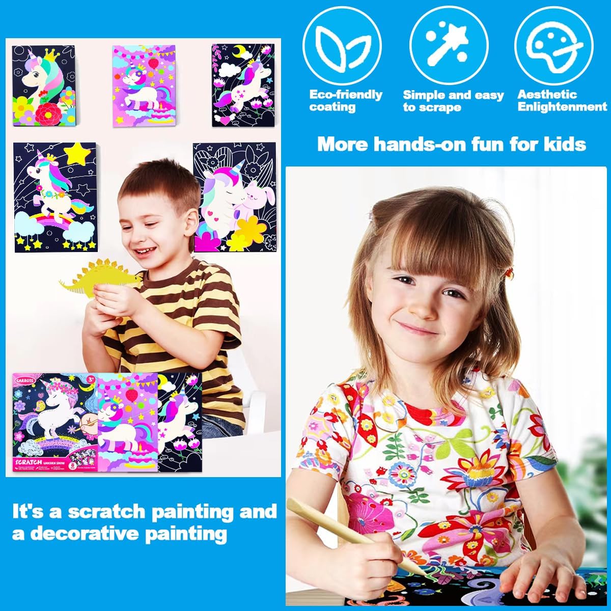 JUNQIU Scratch Art for Kids, Unicorns Black Rainbow Scratch Art Paper Set-Arts and Crafts & Supplies, DIY Activity & Party Games, Gifts for Toddlers, Girls & Boys Ages 3, 4, 5, 6, 7, 8