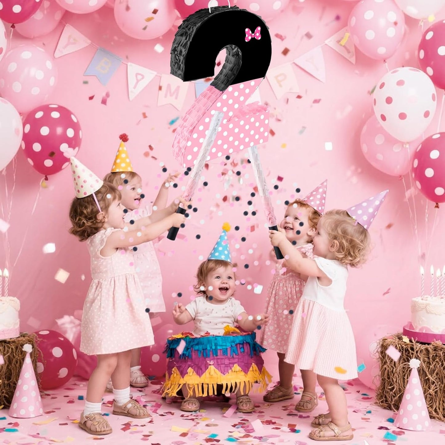 15.7 x 11.5 x 3 Inch Pink Bow Number 2 Pinata,Pink Bow Birthday Decorations, Fillable Hanging Piñata with Stick Blindfold Confetti for Girls Boys 2nd Anniversary Party Decorations