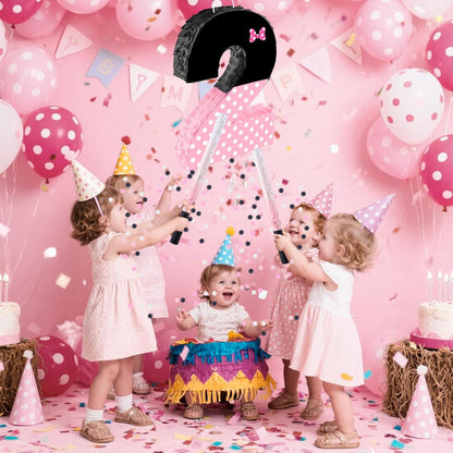 15.7 x 11.5 x 3 Inch Pink Bow Number 2 Pinata,Pink Bow Birthday Decorations, Fillable Hanging Piñata with Stick Blindfold Confetti for Girls Boys 2nd Anniversary Party Decorations