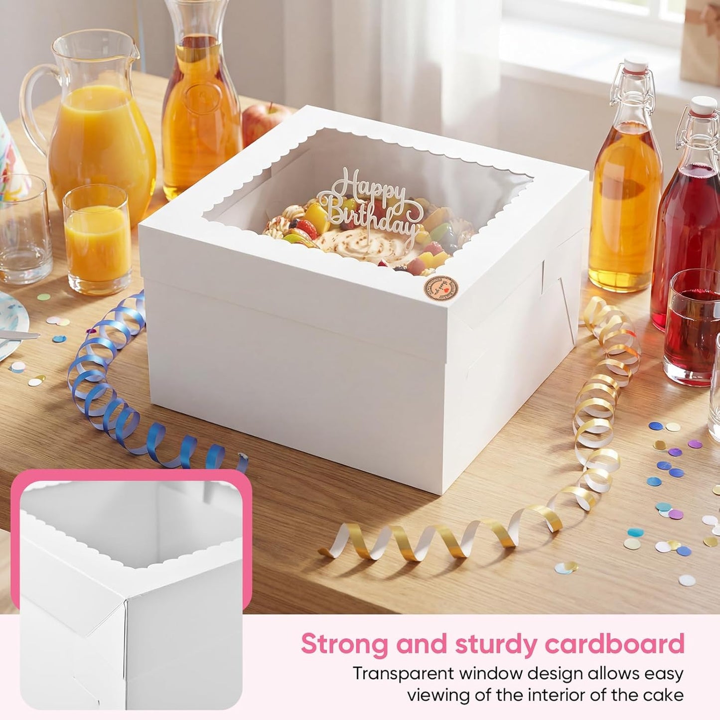 2 Pack 12 x 12 x 8 in Cake Boxes with Window & Cake Boards — Disposable Cake Carrier Boxes with Lid, Includes Stickers, Envelopes, Greeting Cards & Ribbon — Bakery Boxes for Cakes & Cupcakes