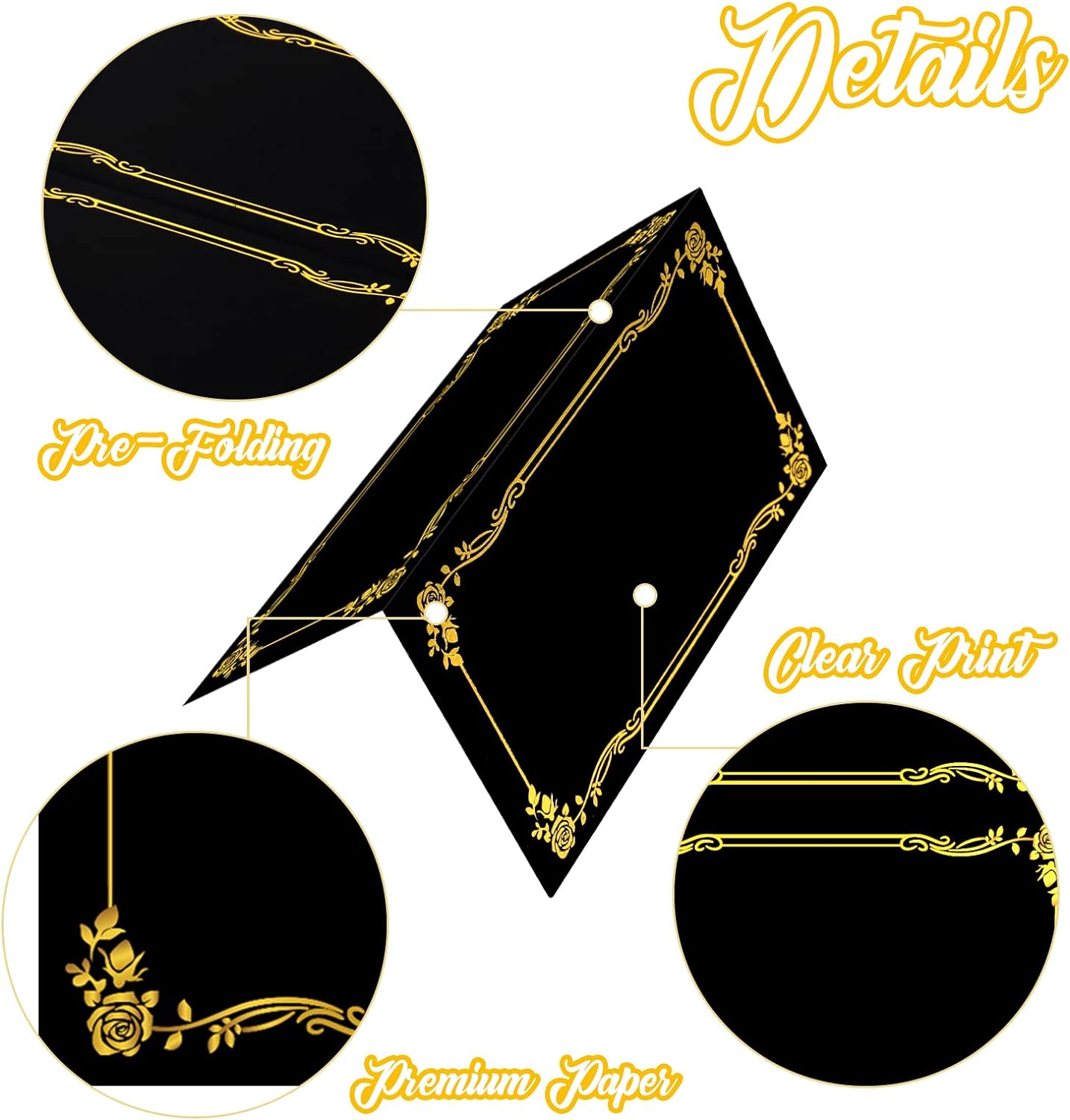 100 Pcs Black Place Cards and Gold Pen for Weddings, Name Cards with Gold Foil Border for Table Setting Folded Table Tents Sign for Buffet Banquet Parties Events Celebrations