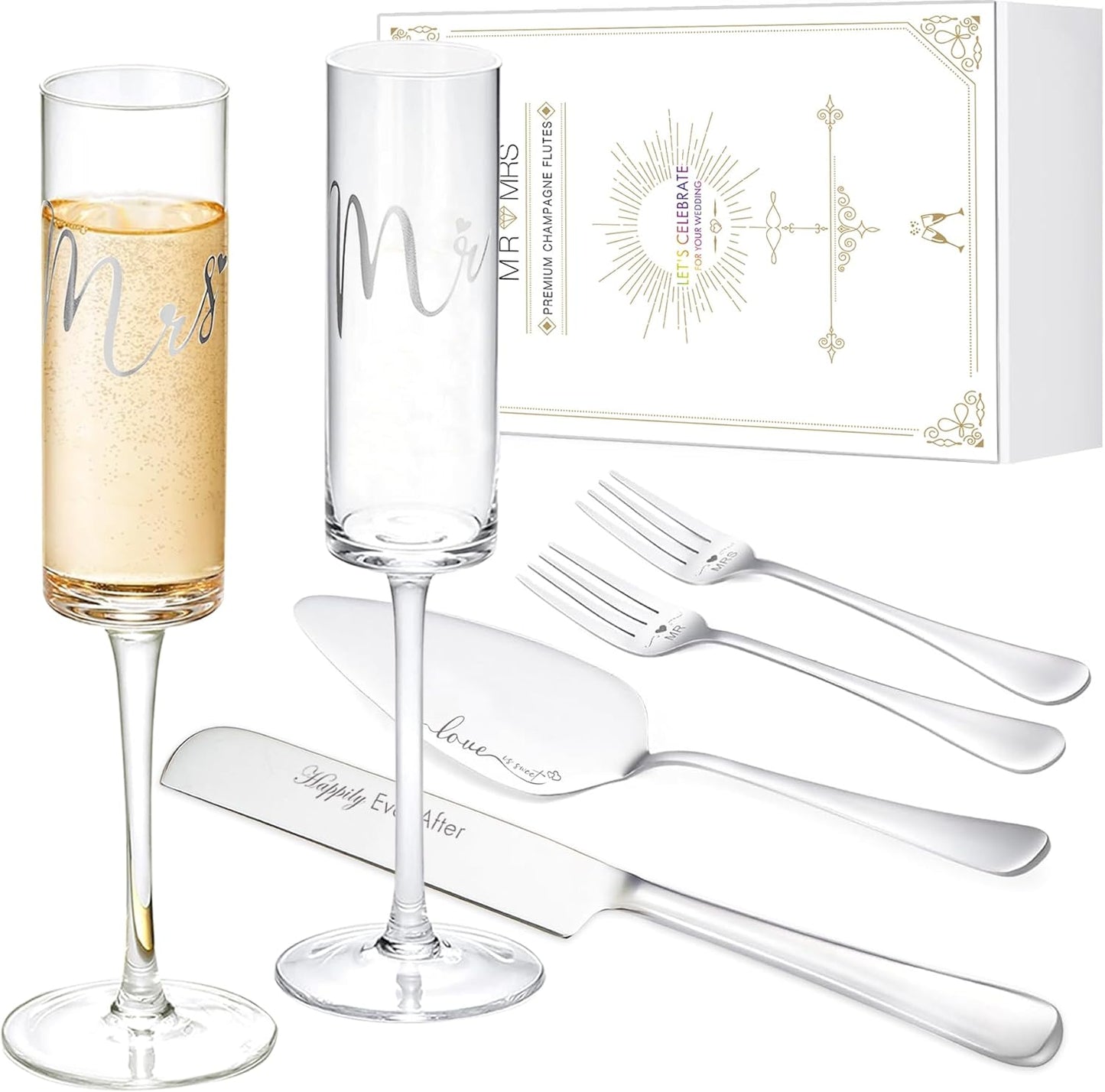 Wedding Cake Knife and Server Set, Mr and Mrs Champagne Flutes With Sliver Cake Cutting Set For Wedding Bridal Shower Gifts