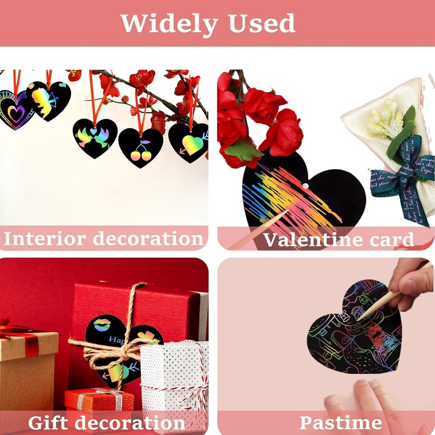 Naturahand 50 Rainbow Scratch Paper with 10 Wooden Scratch Sticks and 50 Red String, Heart Shaped Scratch Off Cards for Mother's Day Valentine DIY Decorations and Art Party Favors(H-1)