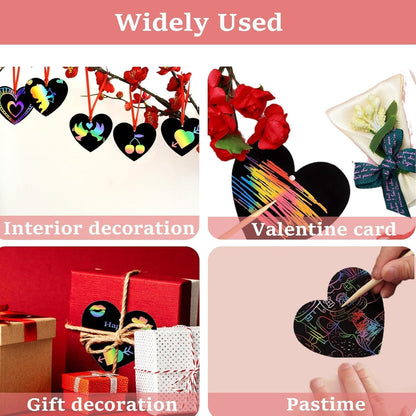 Naturahand 50 Rainbow Scratch Paper with 10 Wooden Scratch Sticks and 50 Red String, Heart Shaped Scratch Off Cards for Mother's Day Valentine DIY Decorations and Art Party Favors(H-1)