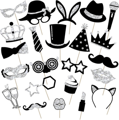 Zonon 24 Pcs Funny Photo Booth Props Class of 2026 Graduation Birthday Wedding Family Class Reunion Prom Disco Party Celebration Decoration Supplies Mix of Hats, Lipstick, Tie(Blue and Black)