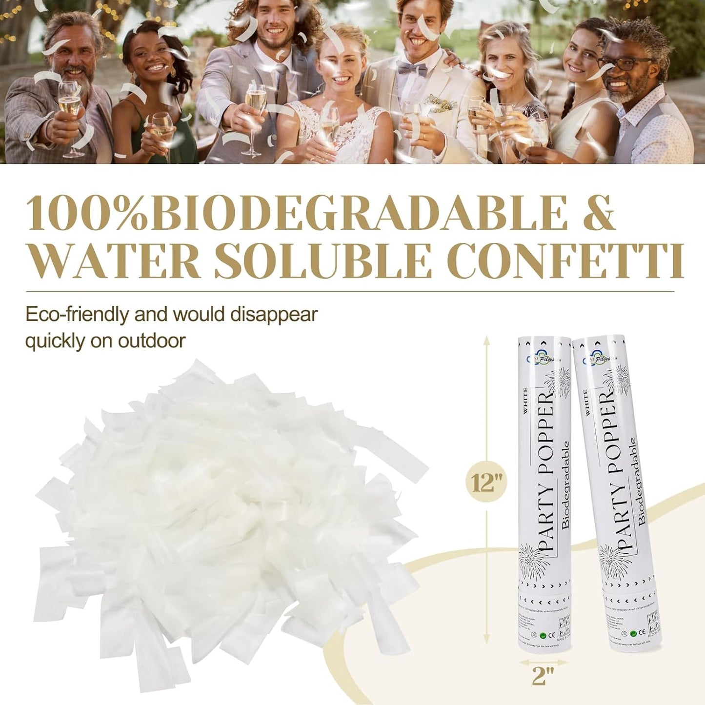 White Mix Gold Rice Confetti Cannon,6Pack Biodegradable Mulitcolor Confetti Poppers Party Shooters,12inch Party Poppers For Lawns Wedding,Birthday,Celebrations,Photo Shoots and New Years.